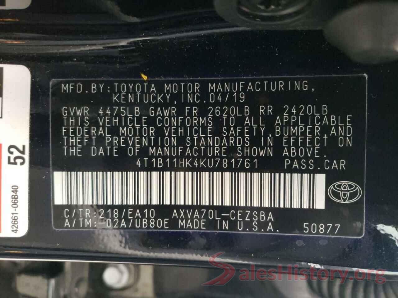 4T1B11HK4KU781761 2019 TOYOTA CAMRY