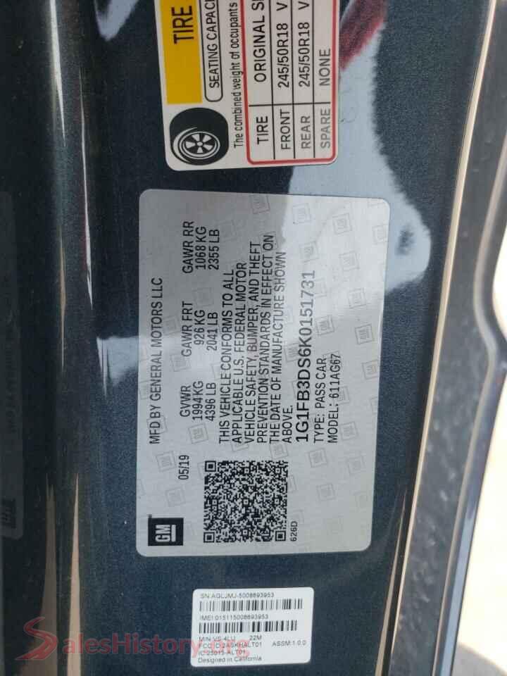 2019 CHEVROLET CAMARO VIN 1G1FB3DS6K0151731, wheel and tire