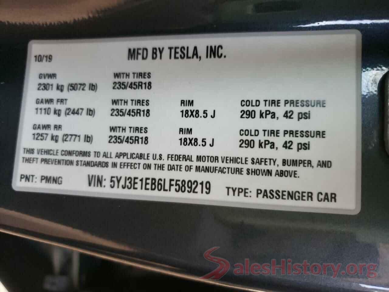 5YJ3E1EB6LF589219 2020 TESLA MODEL 3