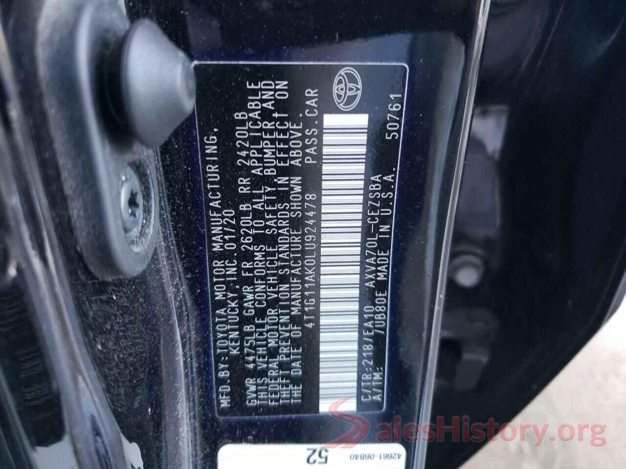 4T1G11AK0LU924478 2020 TOYOTA CAMRY