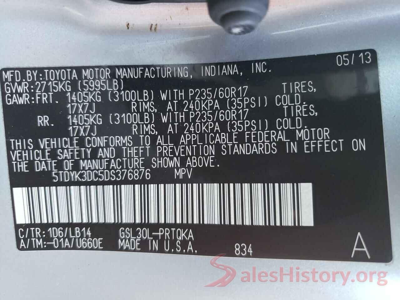 5TDYK3DC5DS376876 2013 TOYOTA SIENNA