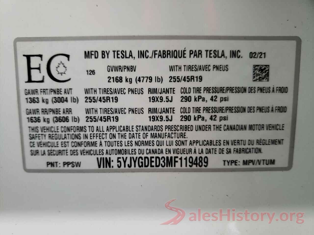 5YJYGDED3MF119489 2021 TESLA MODEL Y