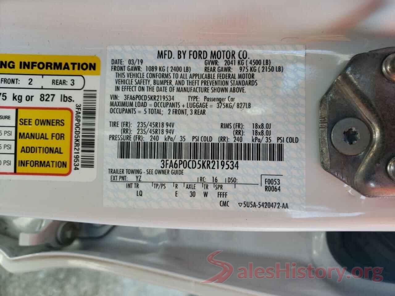 3FA6P0CD5KR219534 2019 FORD FUSION