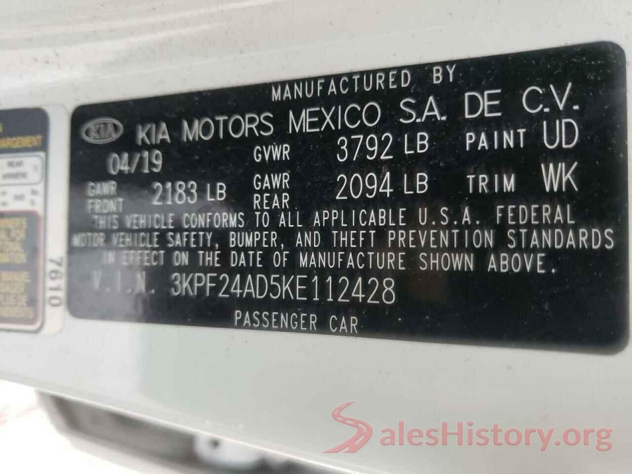 3KPF24AD5KE112428 2019 KIA FORTE