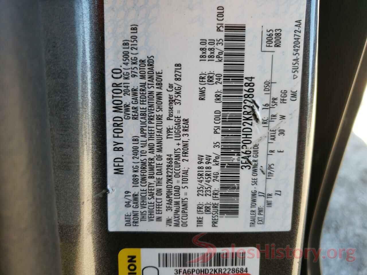 3FA6P0HD2KR228684 2019 FORD FUSION