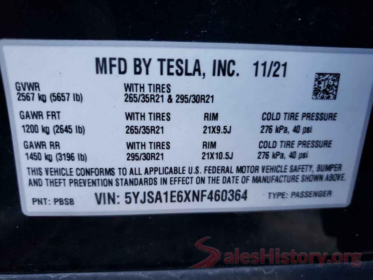 5YJSA1E6XNF460364 2022 TESLA MODEL S