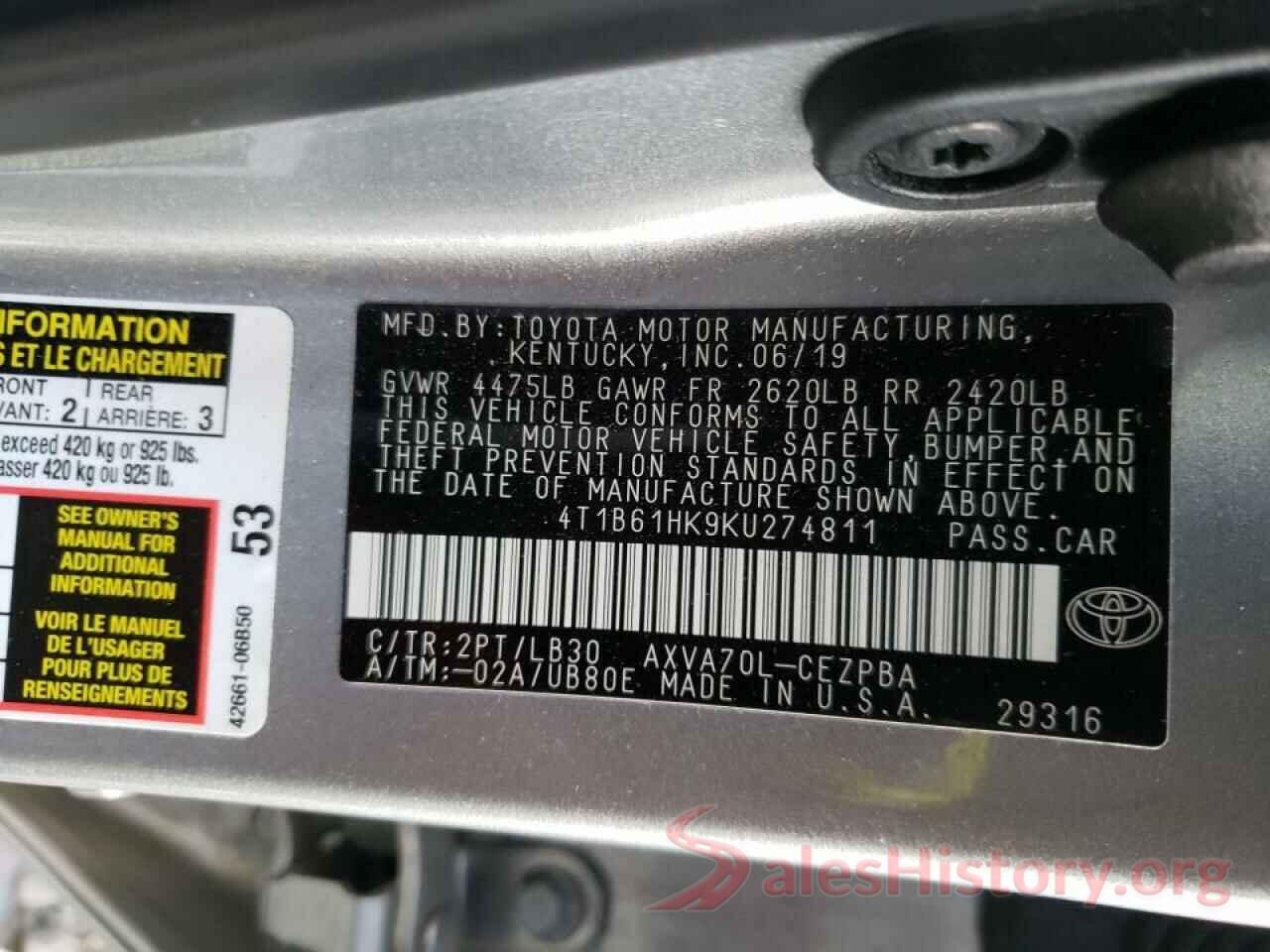 4T1B61HK9KU274811 2019 TOYOTA CAMRY