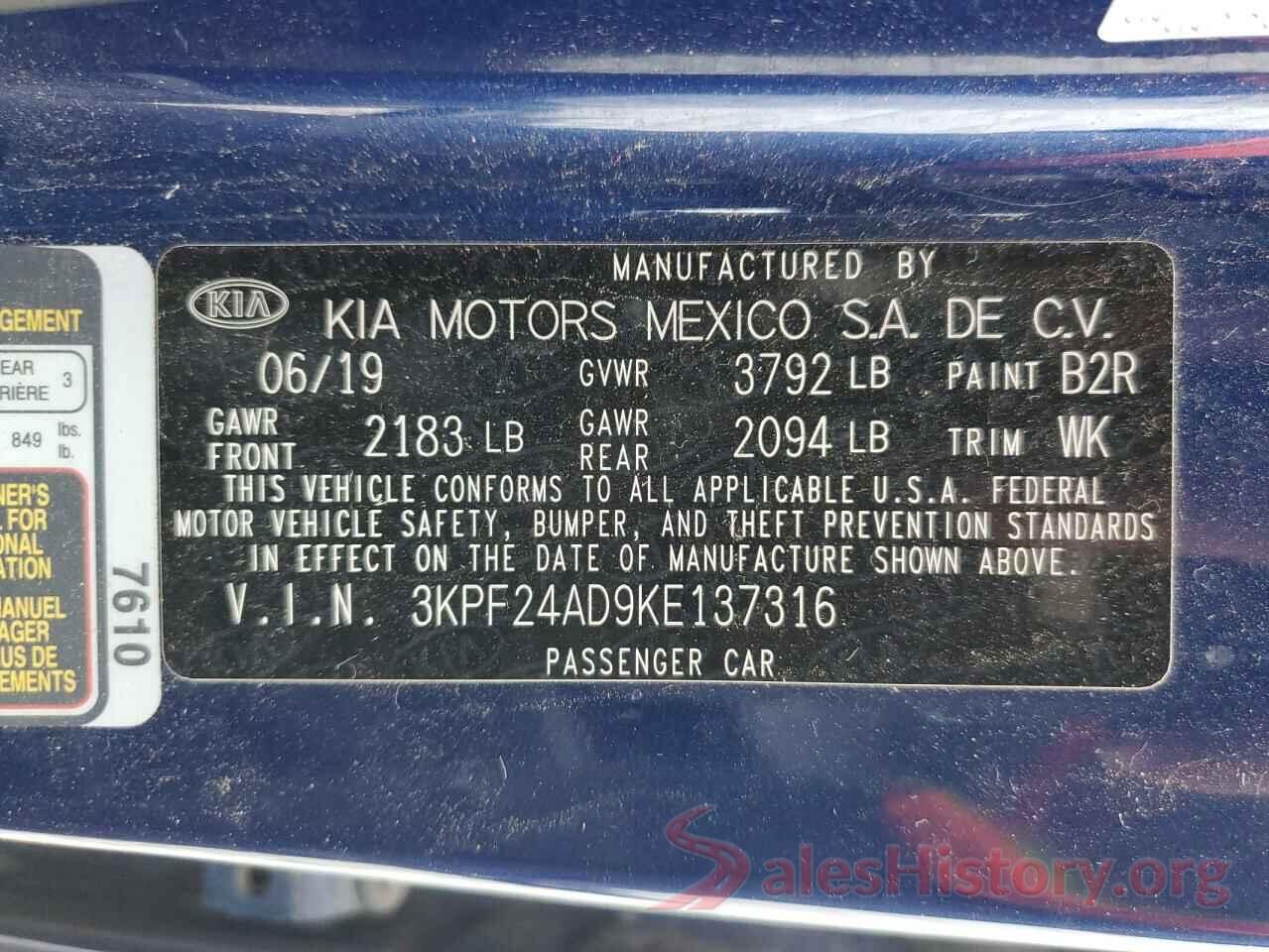 3KPF24AD9KE137316 2019 KIA FORTE