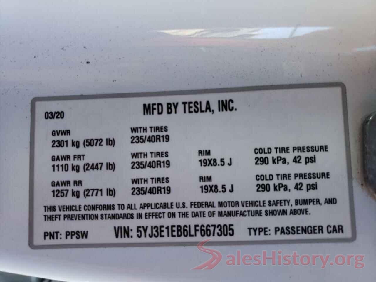 5YJ3E1EB6LF667305 2020 TESLA MODEL 3