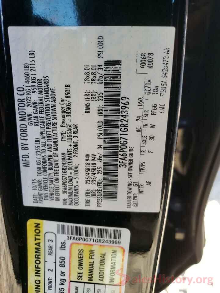 3FA6P0G71GR243969 2016 FORD FUSION