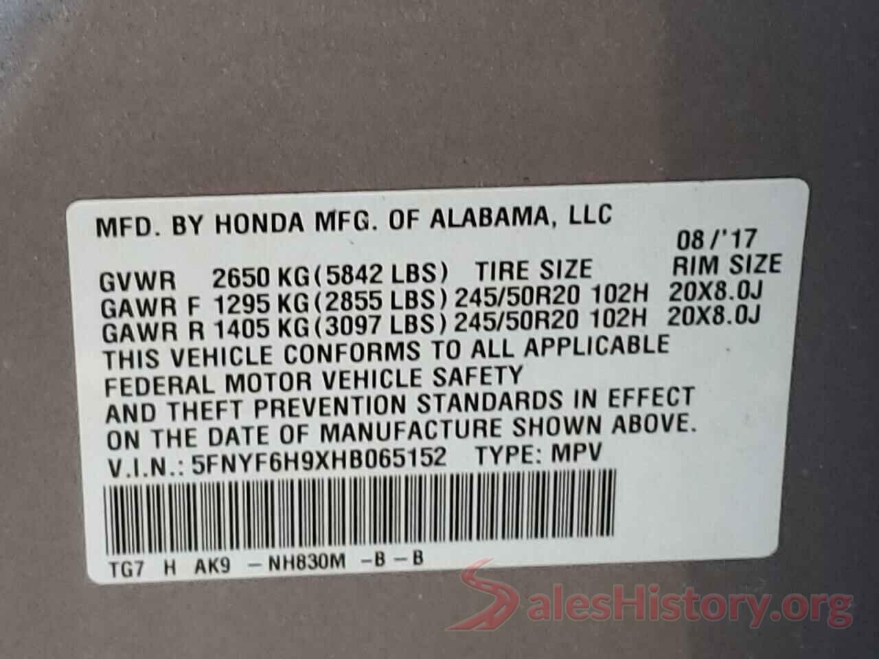 5FNYF6H9XHB065152 2017 HONDA PILOT