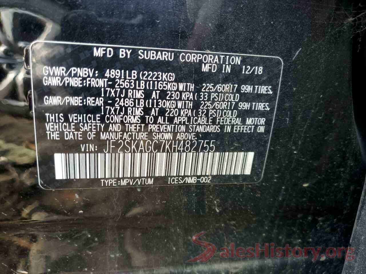 JF2SKAGC7KH482755 2019 SUBARU FORESTER