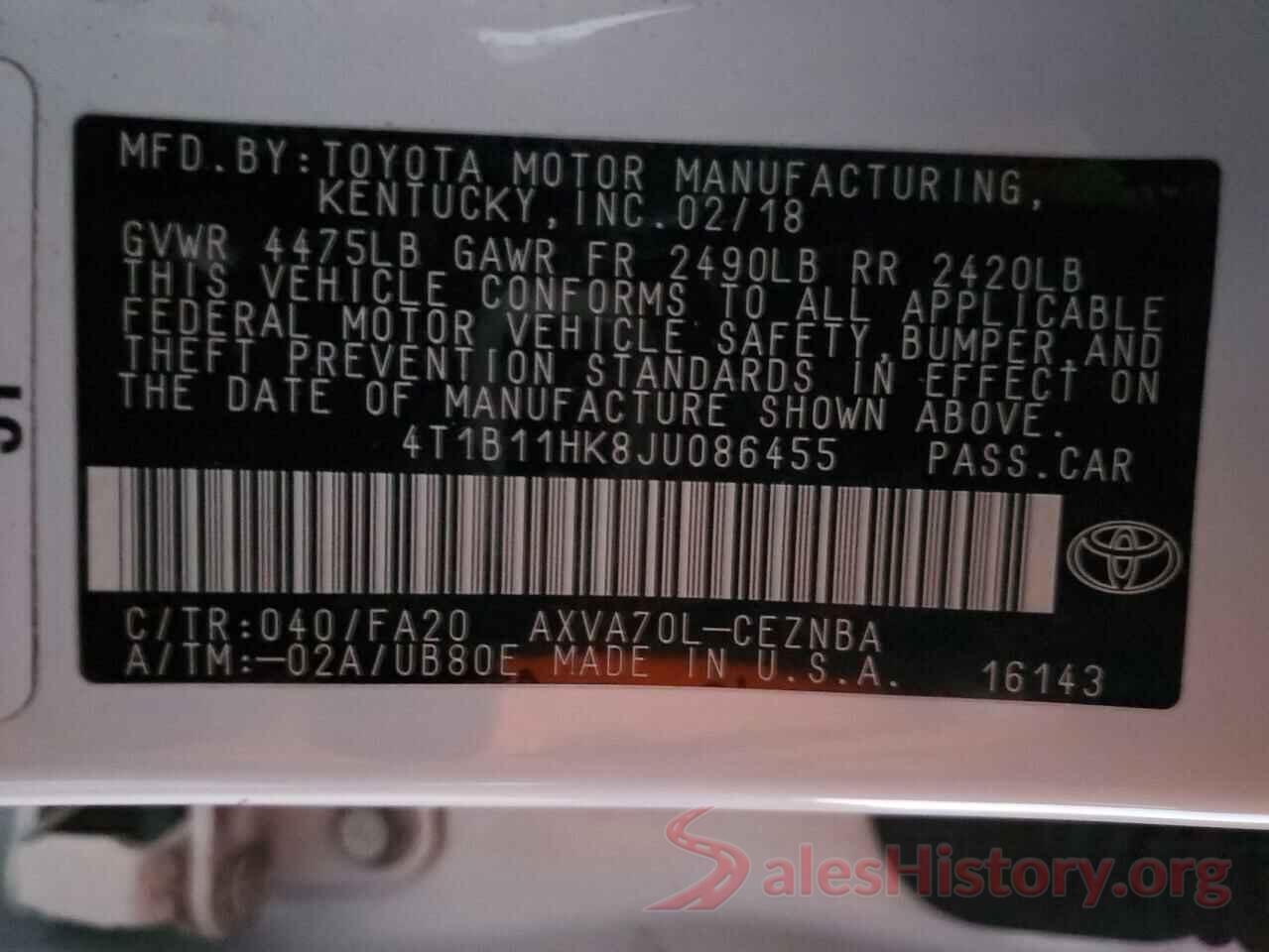 4T1B11HK8JU086455 2018 TOYOTA CAMRY