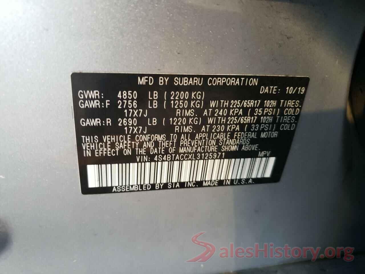 4S4BTACCXL3125971 2020 SUBARU OUTBACK