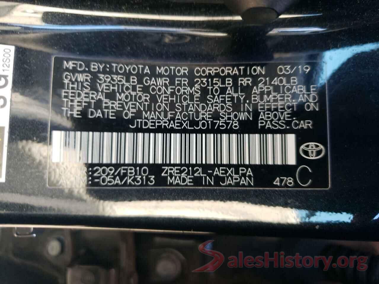 JTDEPRAEXLJ017578 2020 TOYOTA COROLLA