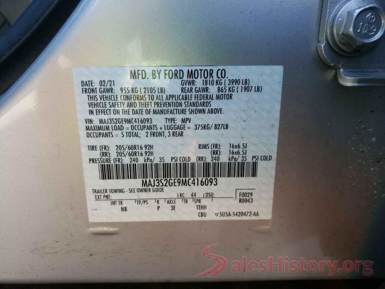 MAJ3S2GE9MC416093 2021 FORD ECOSPORT