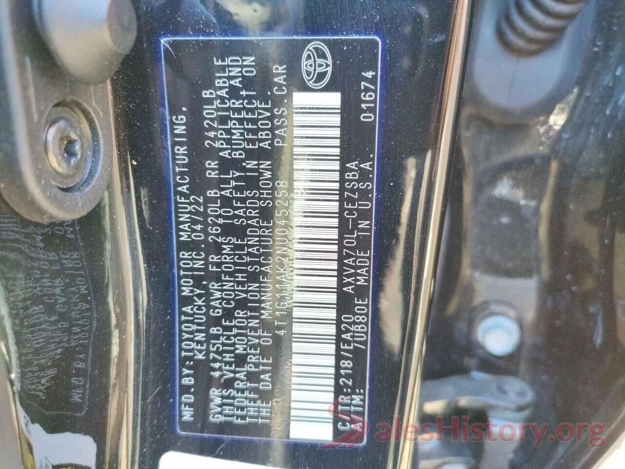 4T1G11AK2NU045258 2022 TOYOTA CAMRY