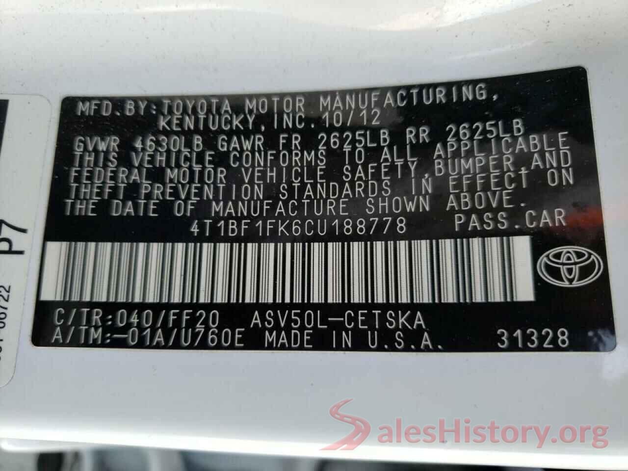 4T1BF1FK6CU188778 2012 TOYOTA CAMRY