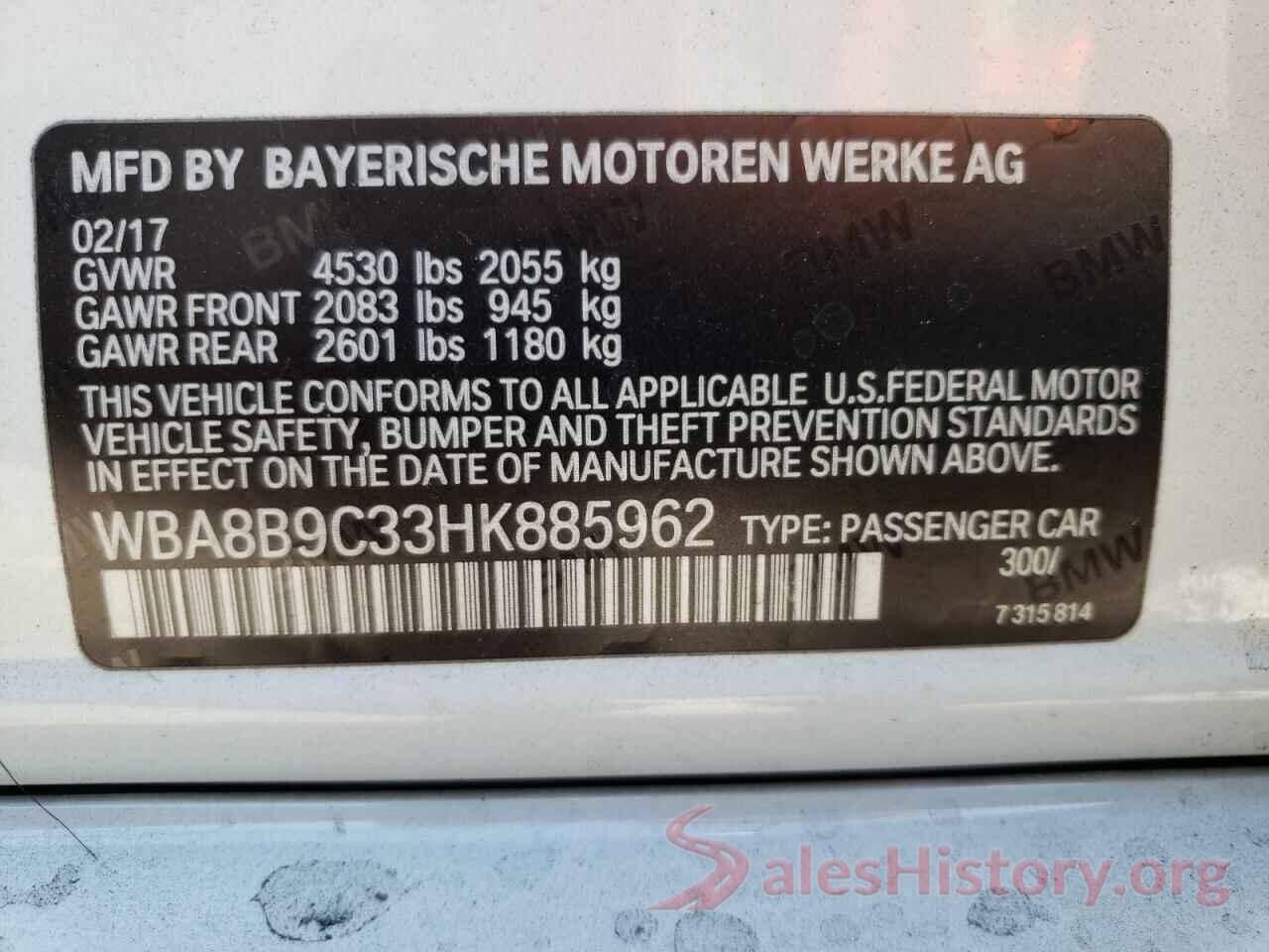 WBA8B9C33HK885962 2017 BMW 3 SERIES