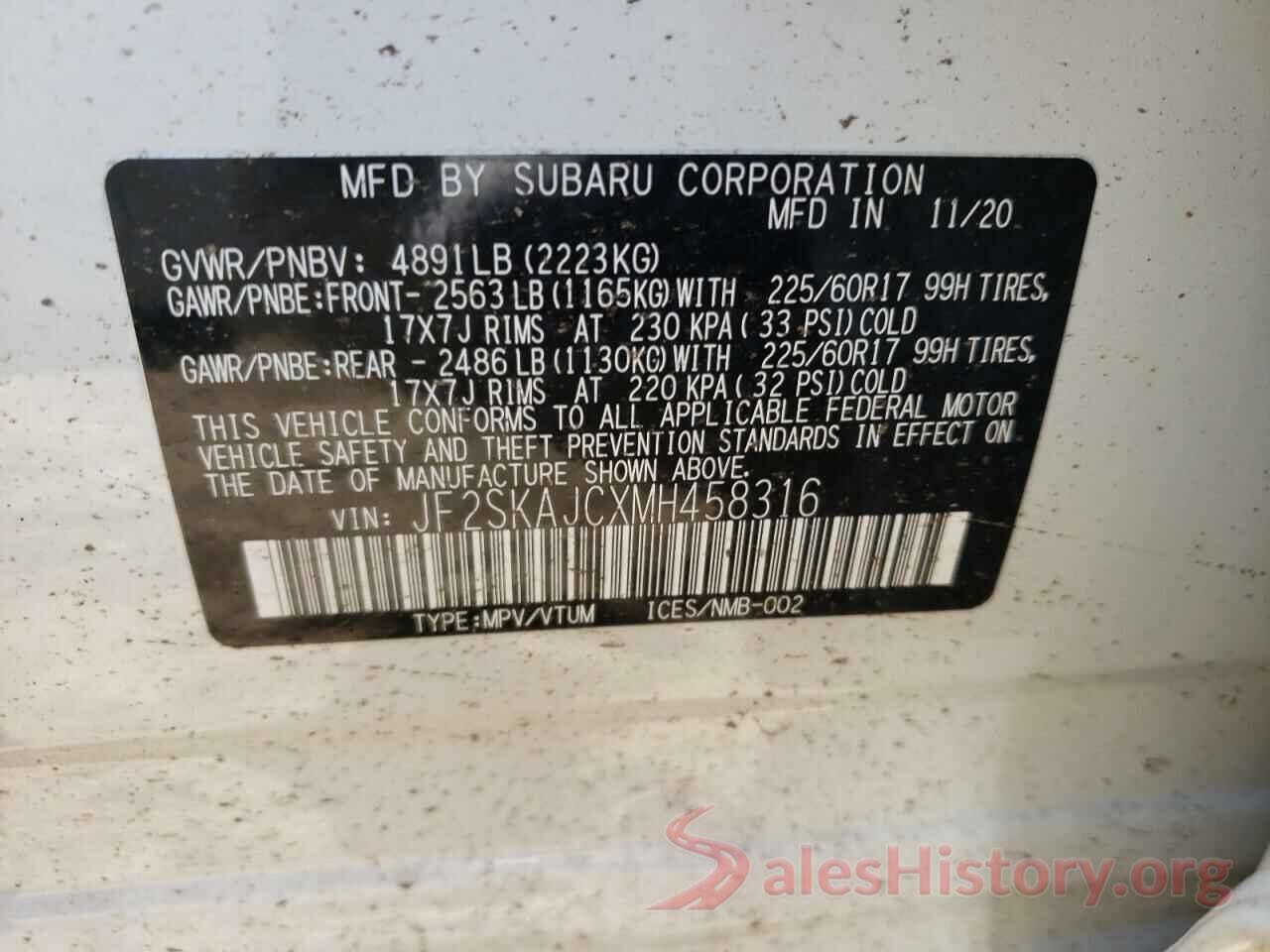 JF2SKAJCXMH458316 2021 SUBARU FORESTER