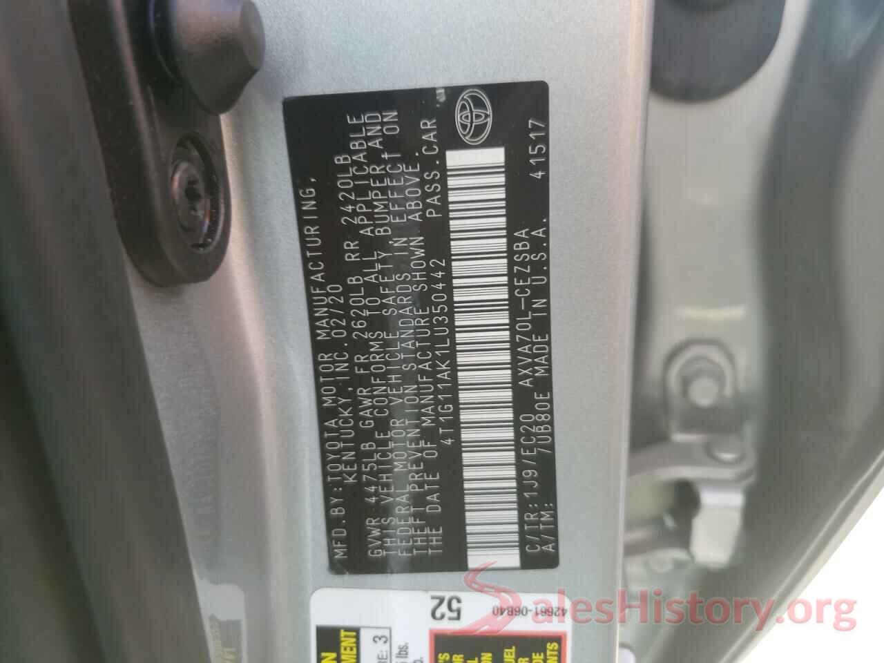 4T1G11AK1LU350442 2020 TOYOTA CAMRY