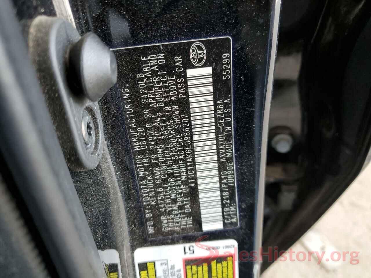 4T1C11AK6LU986207 2020 TOYOTA CAMRY