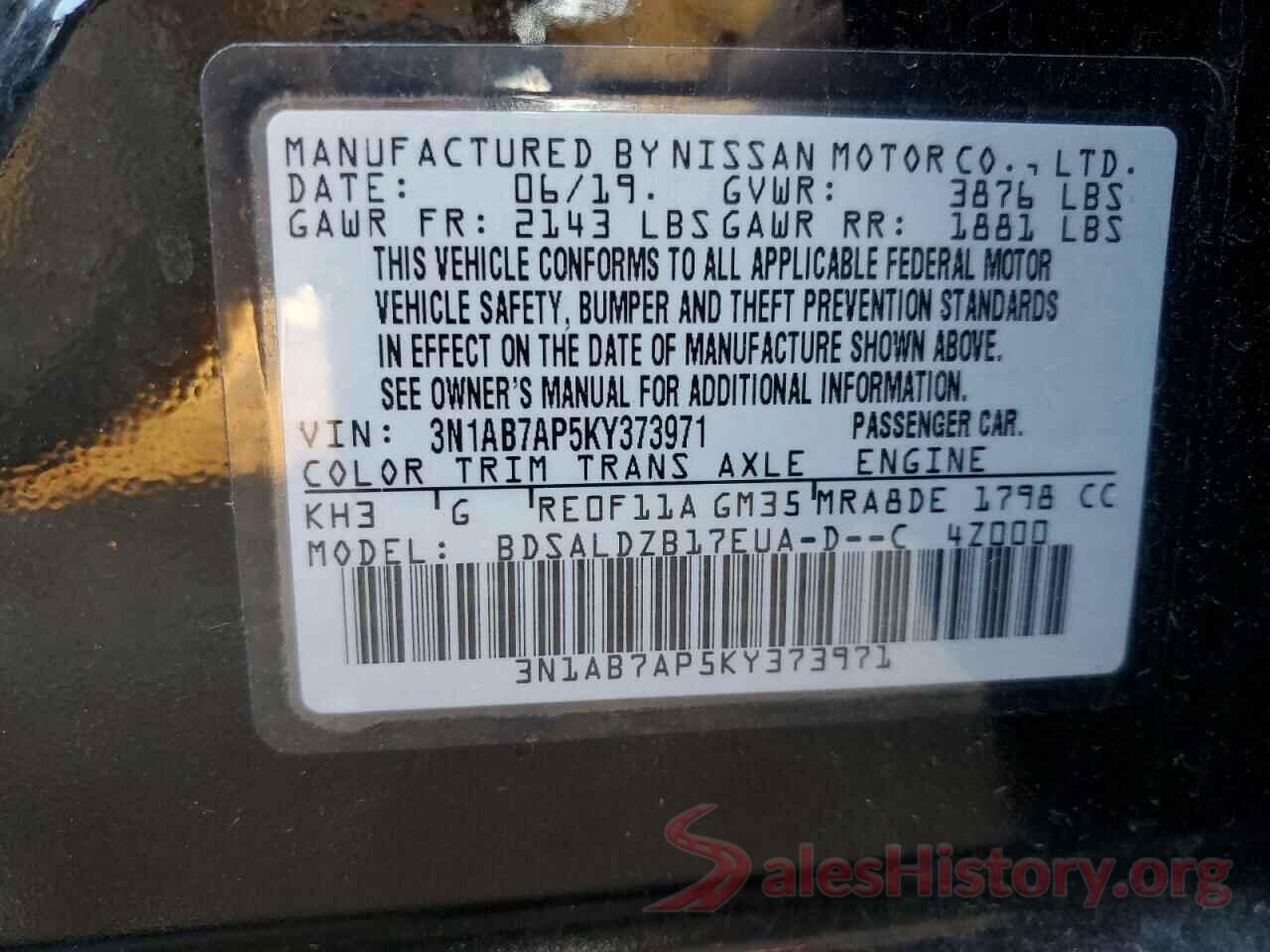 3N1AB7AP5KY373971 2019 NISSAN SENTRA