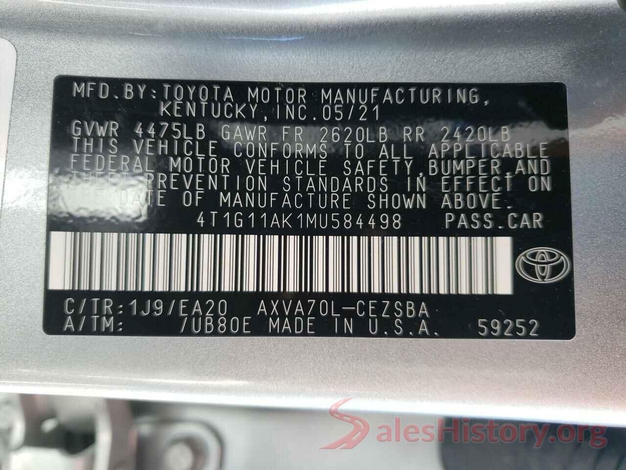 4T1G11AK1MU584498 2021 TOYOTA CAMRY