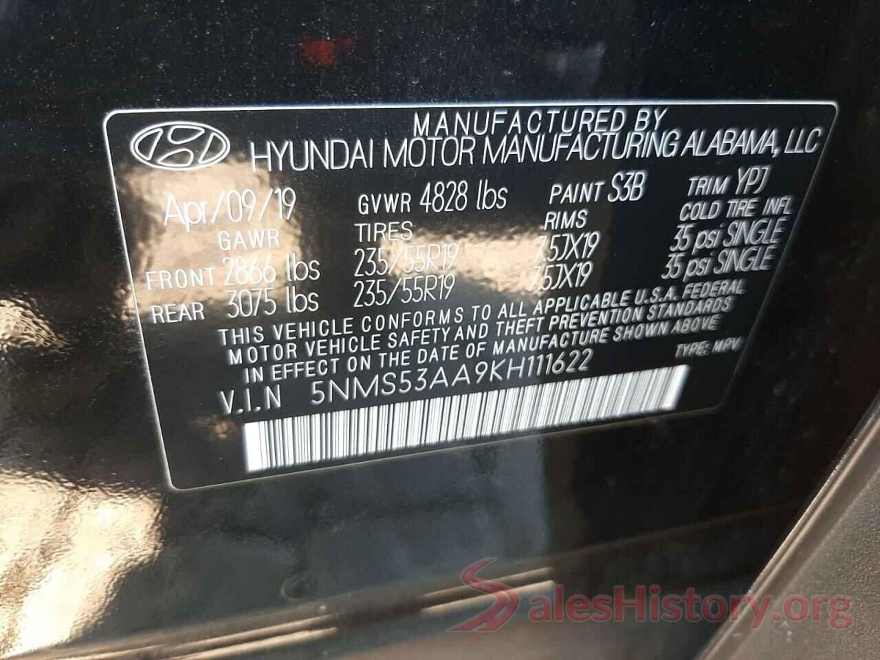 5NMS53AA9KH111622 2019 HYUNDAI SANTA FE