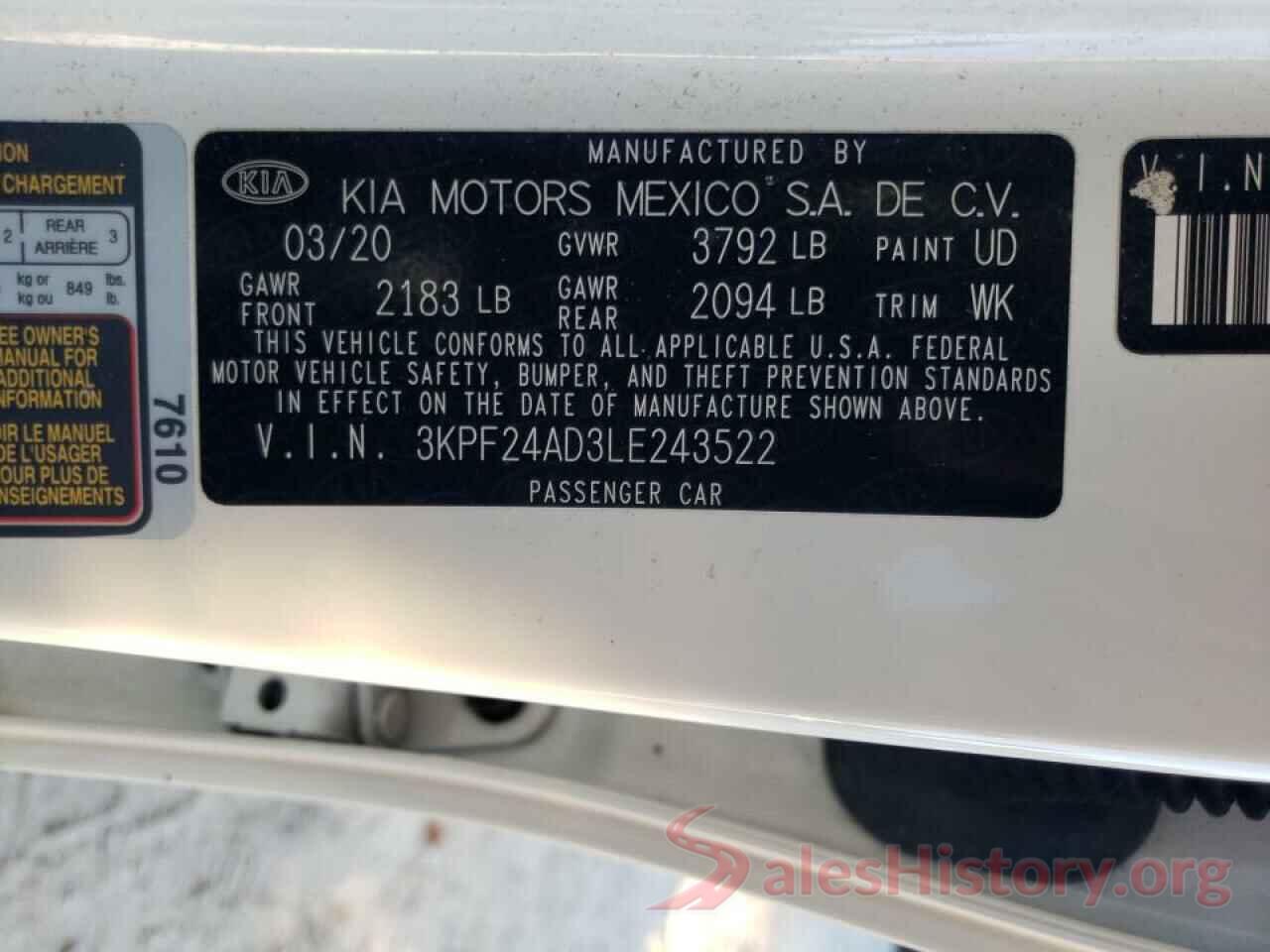 3KPF24AD3LE243522 2020 KIA FORTE