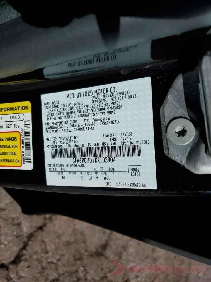 3FA6P0HD1KR103904 2019 FORD FUSION