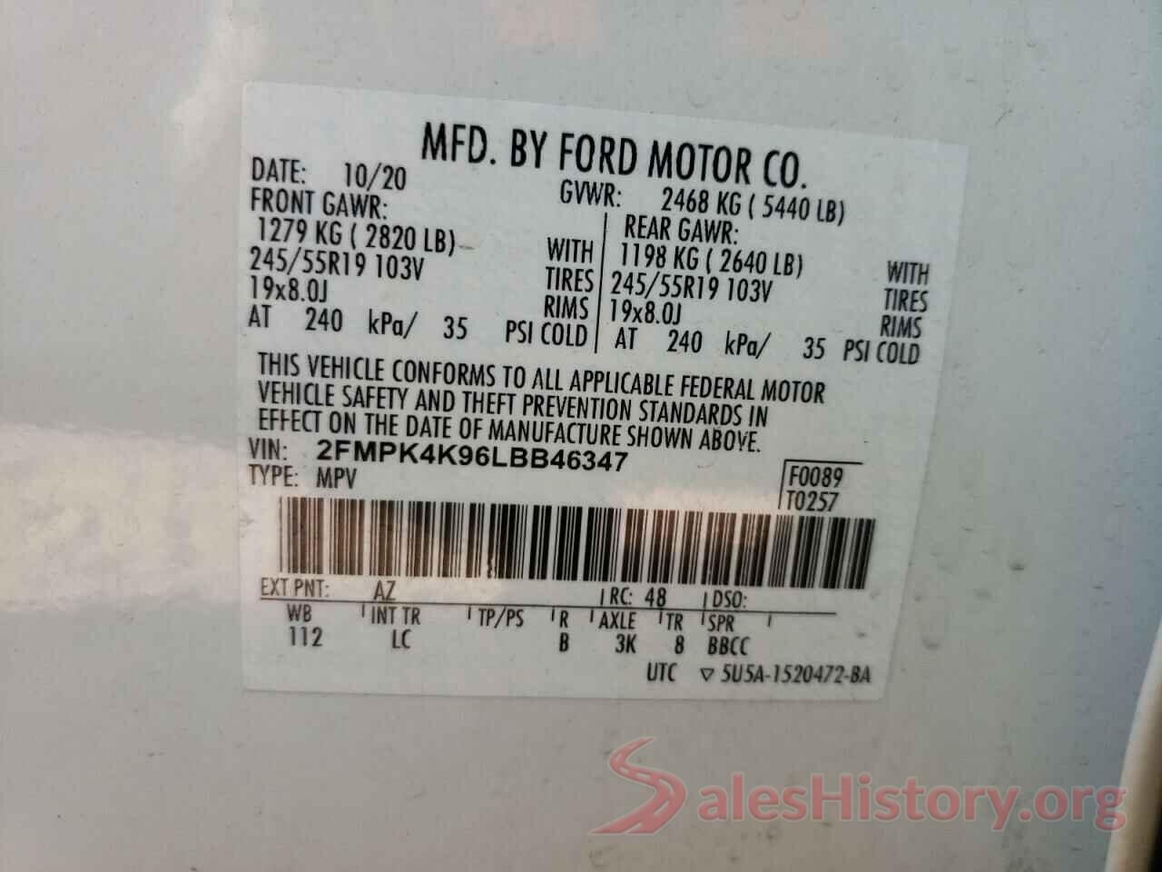 2FMPK4K96LBB46347 2020 FORD EDGE