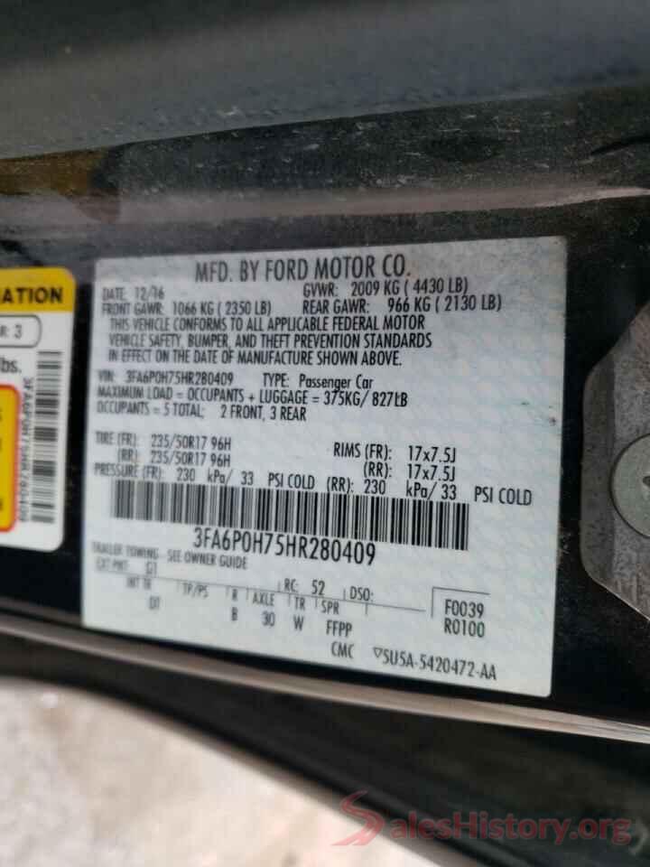 3FA6P0H75HR280409 2017 FORD FUSION