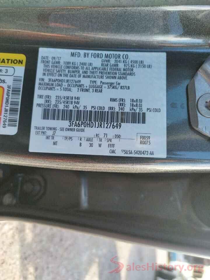 3FA6P0HD1JR127649 2018 FORD FUSION