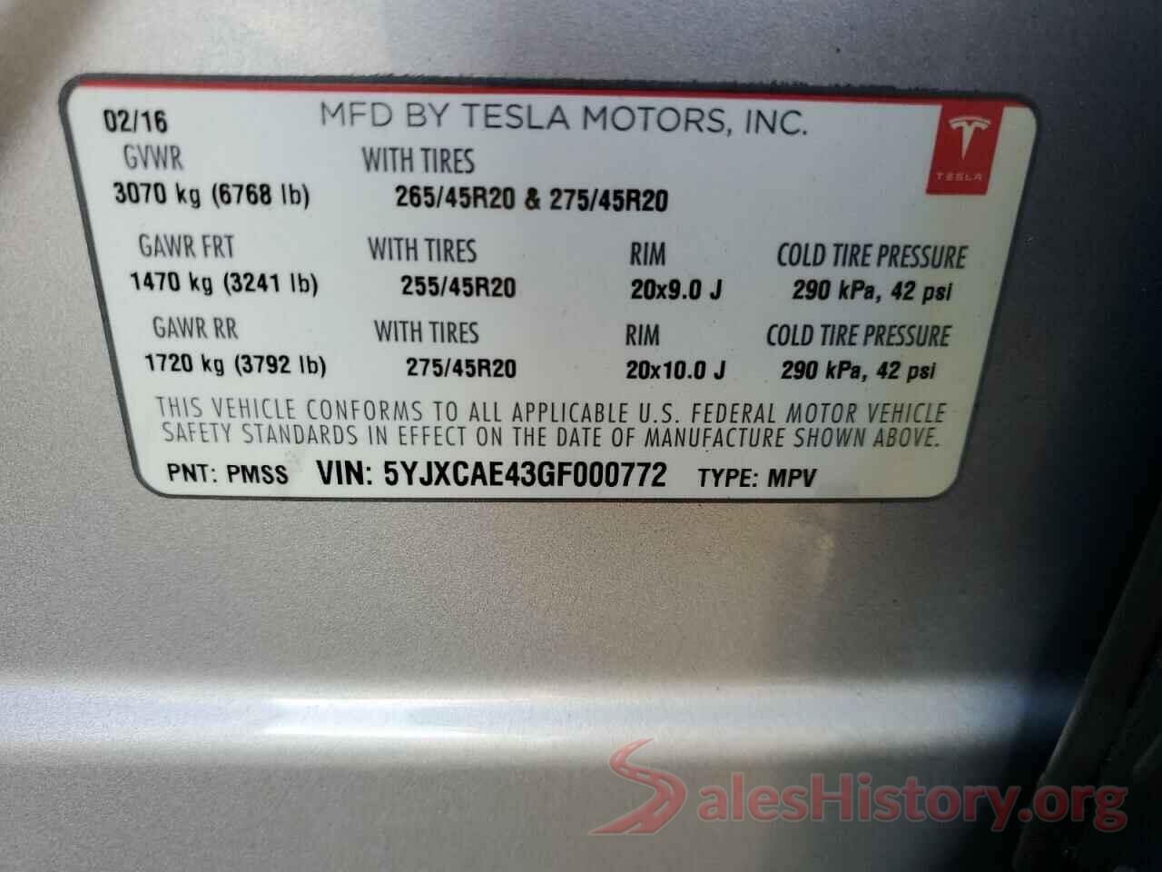 5YJXCAE43GF000772 2016 TESLA MODEL X