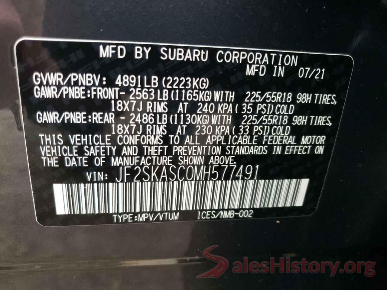 JF2SKASC0MH577491 2021 SUBARU FORESTER