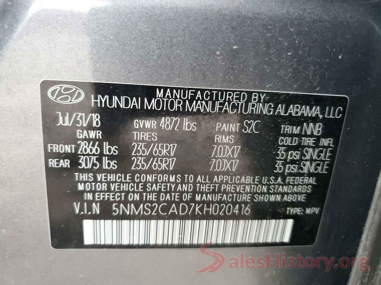 5NMS2CAD7KH020416 2019 HYUNDAI SANTA FE