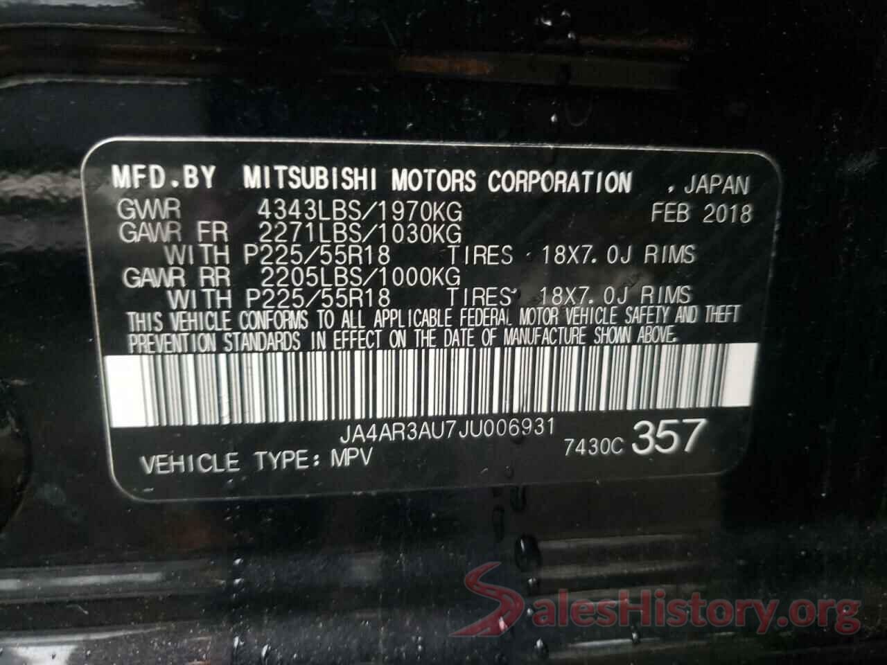 JA4AR3AU7JU006931 2018 MITSUBISHI OUTLANDER