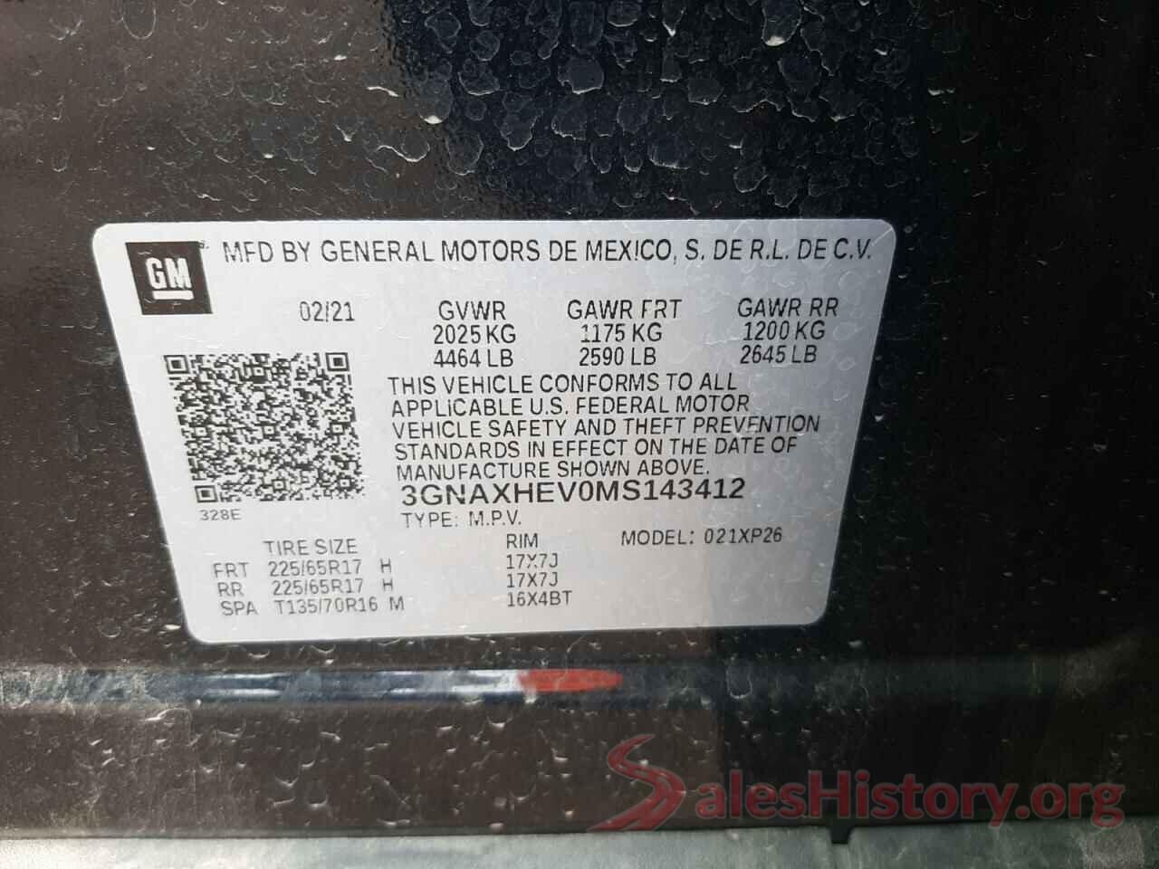 3GNAXHEV0MS143412 2021 CHEVROLET EQUINOX