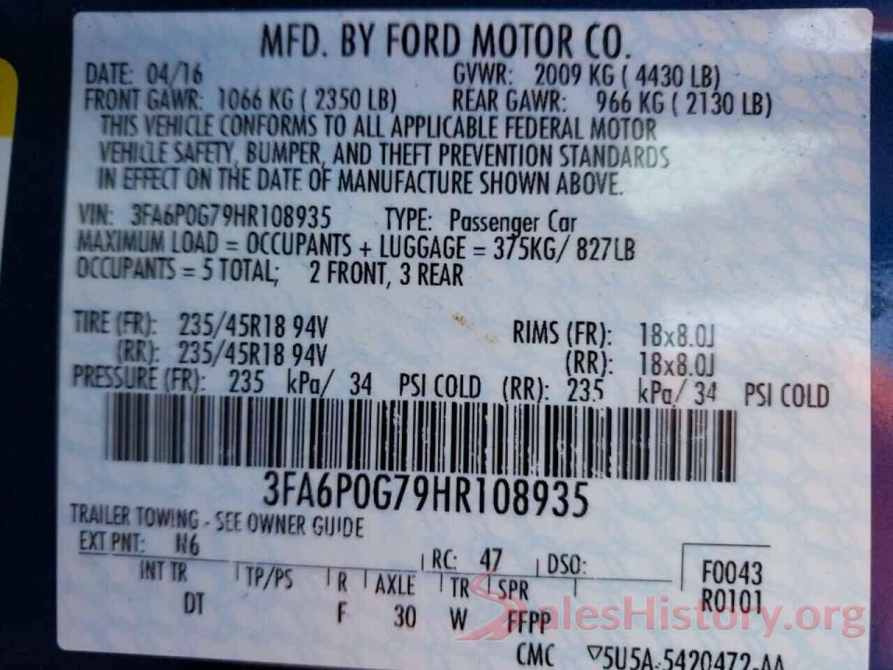 3FA6P0G79HR108935 2017 FORD FUSION