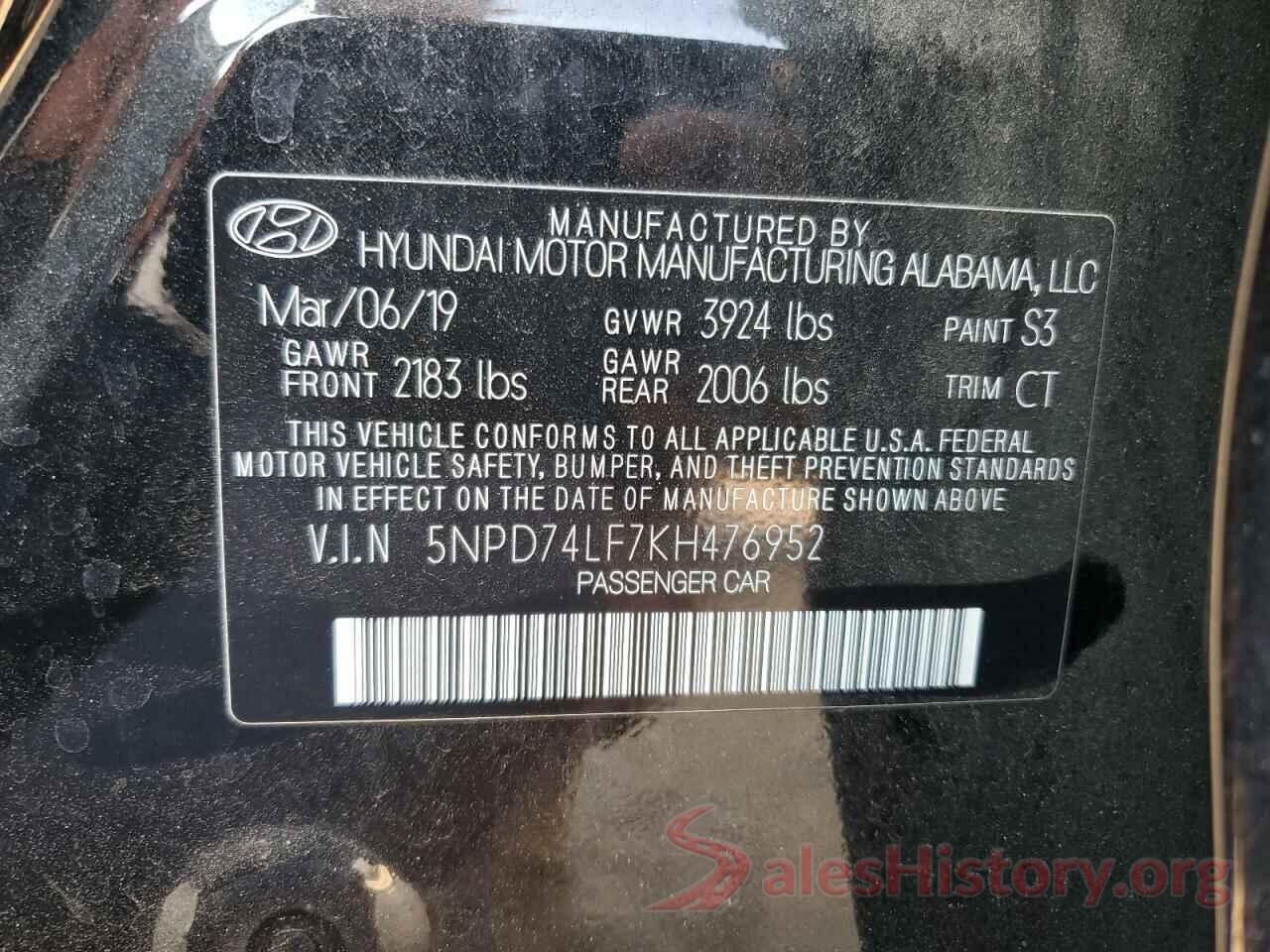 5NPD74LF7KH476952 2019 HYUNDAI ELANTRA