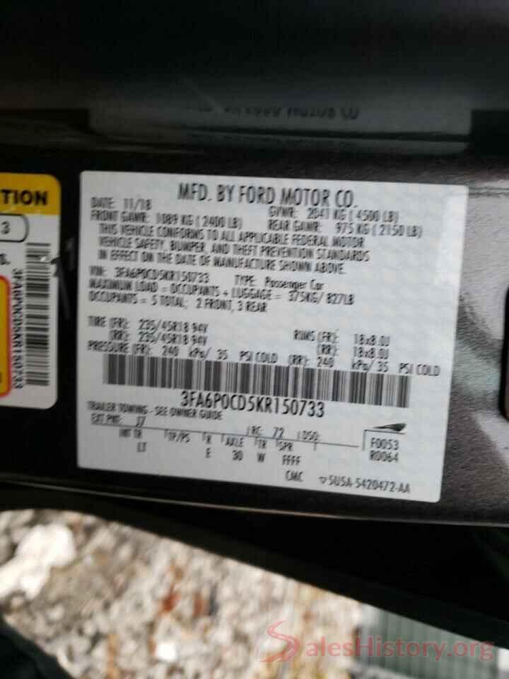 3FA6P0CD5KR150733 2019 FORD FUSION