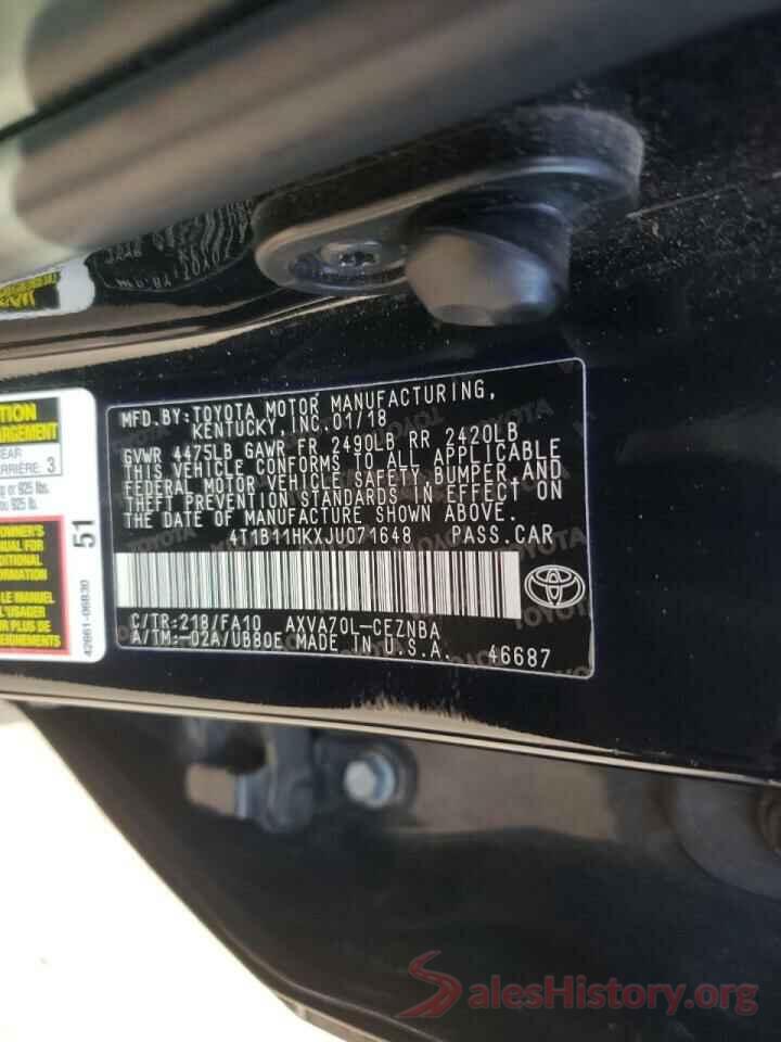 4T1B11HKXJU071648 2018 TOYOTA CAMRY