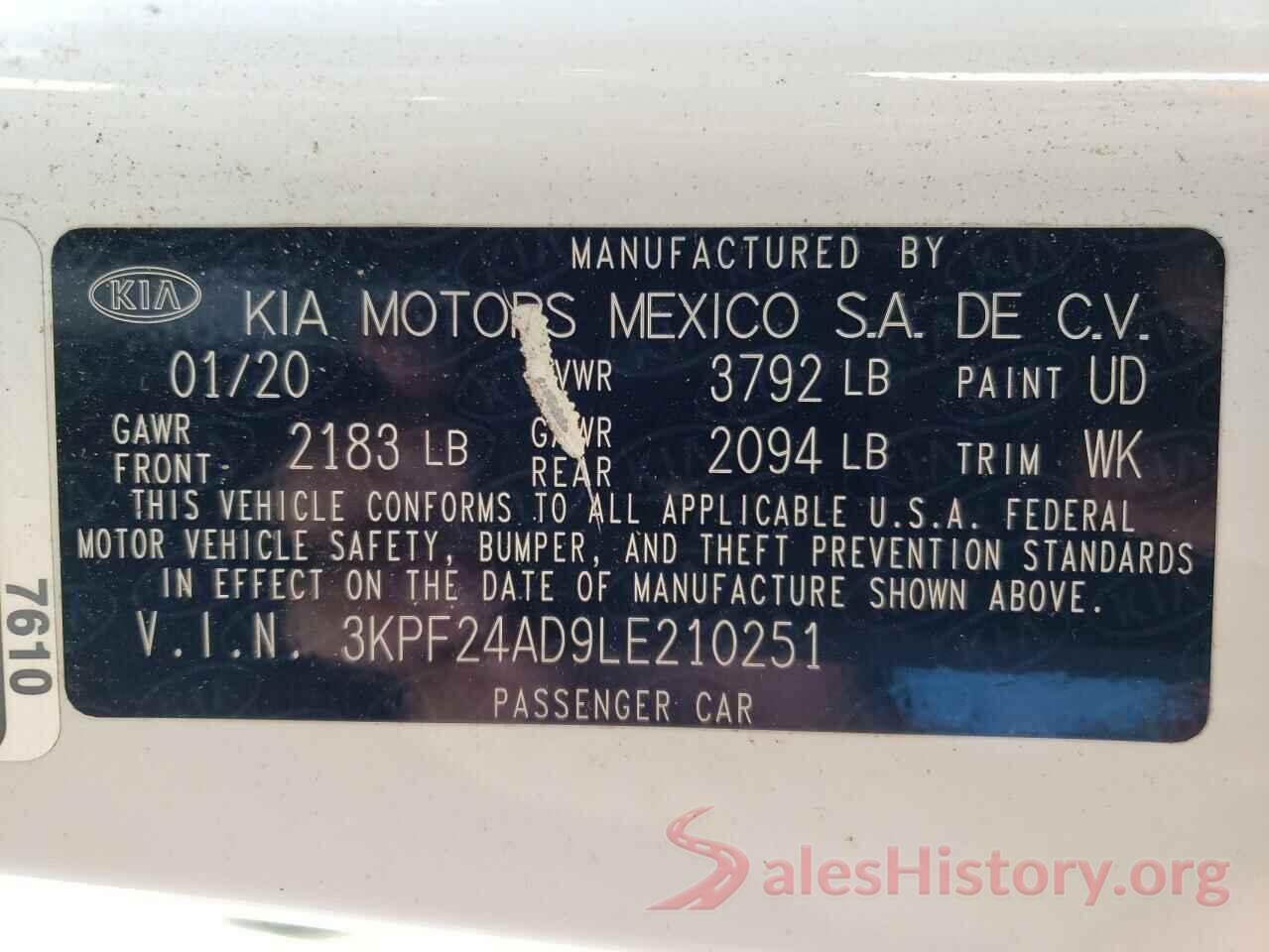 3KPF24AD9LE210251 2020 KIA FORTE