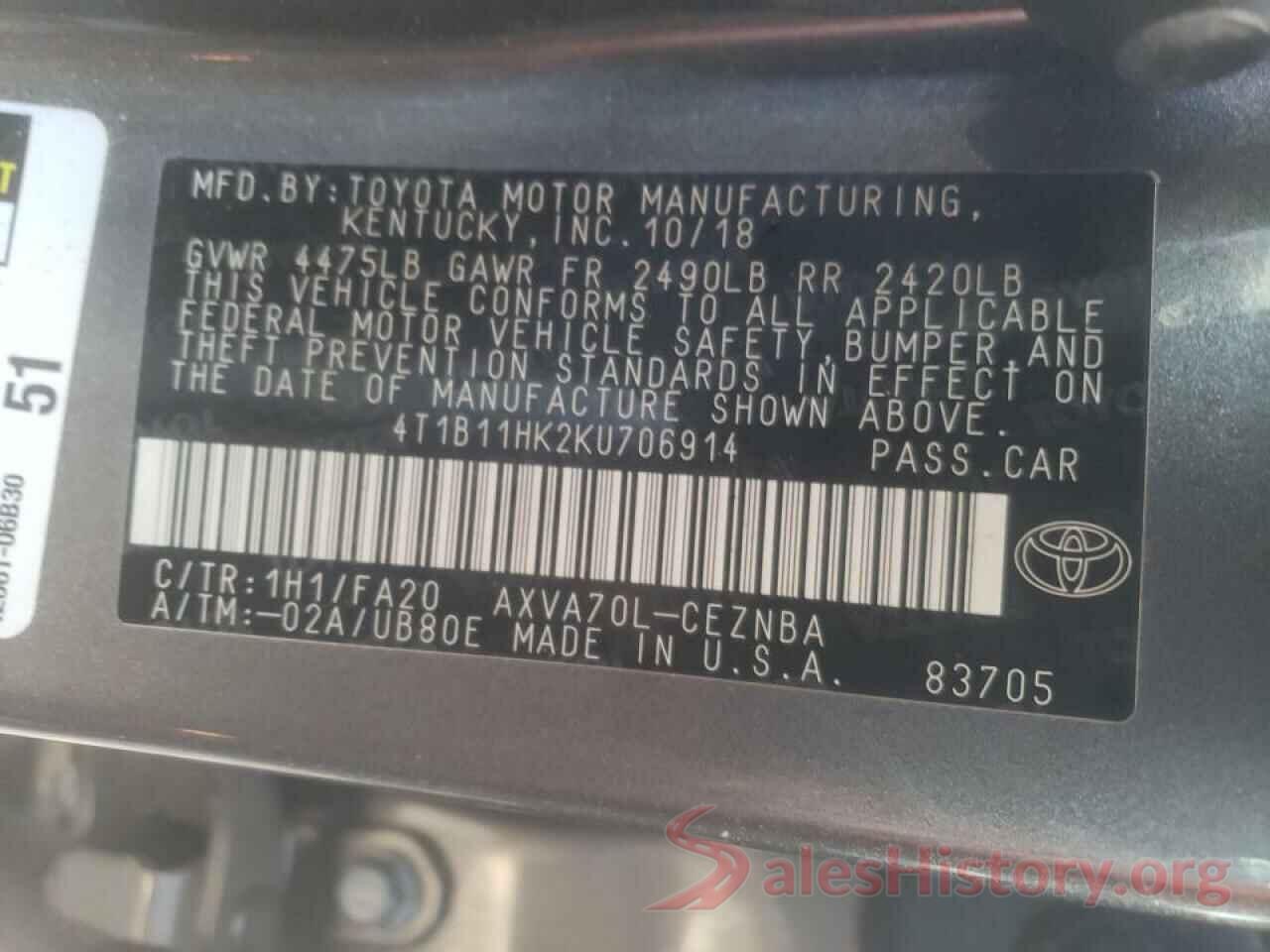 4T1B11HK2KU706914 2019 TOYOTA CAMRY