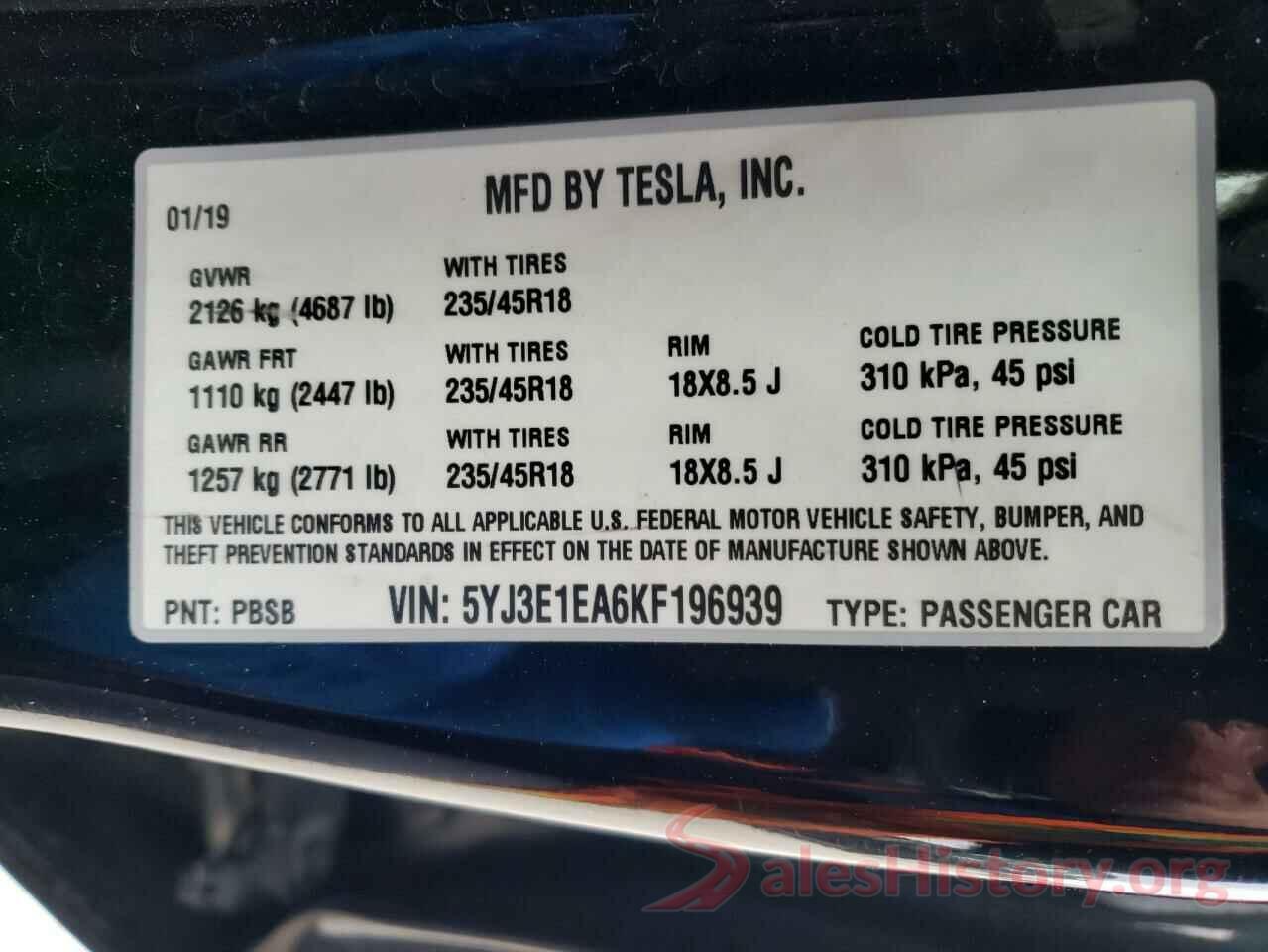 5YJ3E1EA6KF196939 2019 TESLA MODEL 3