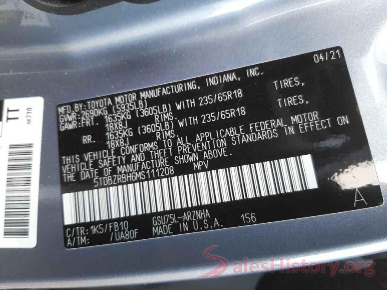 5TDBZRBH6MS111208 2021 TOYOTA HIGHLANDER