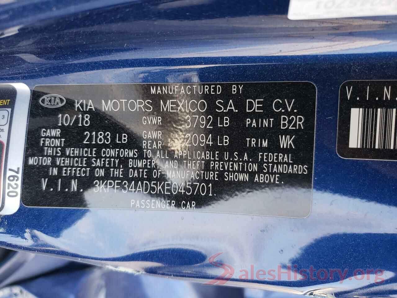 3KPF34AD5KE045701 2019 KIA FORTE