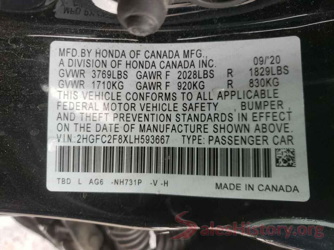 2HGFC2F8XLH593667 2020 HONDA CIVIC