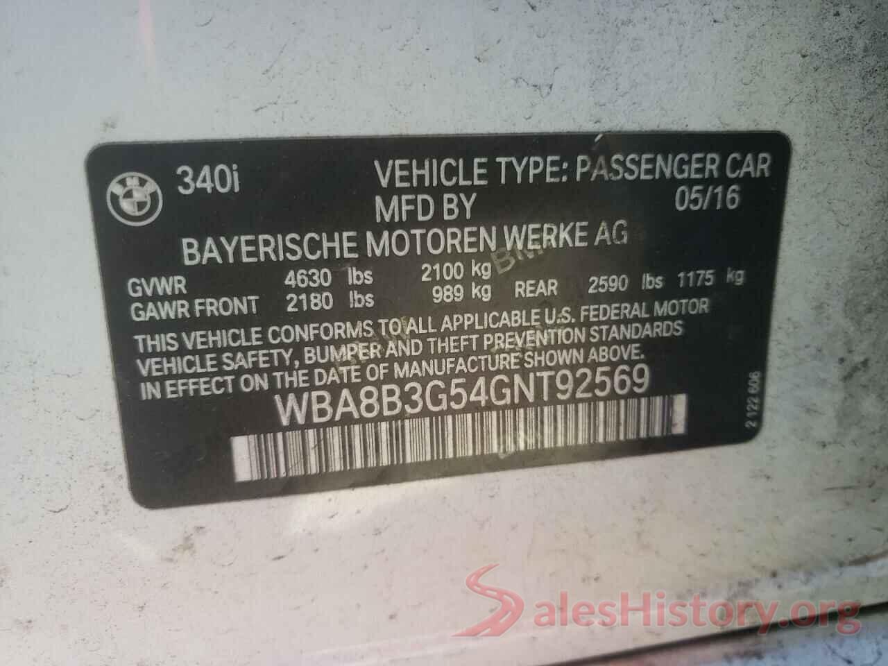 WBA8B3G54GNT92569 2016 BMW 3 SERIES